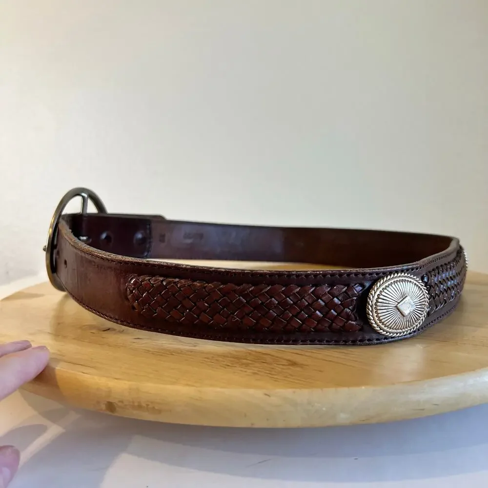 90s Brown Woven Starburst Studded Western Large Silver Buckle Belt Size Small